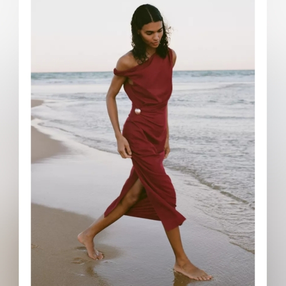 Zara Ruched Linen Blend Midi Dress - Picture 1 of 9